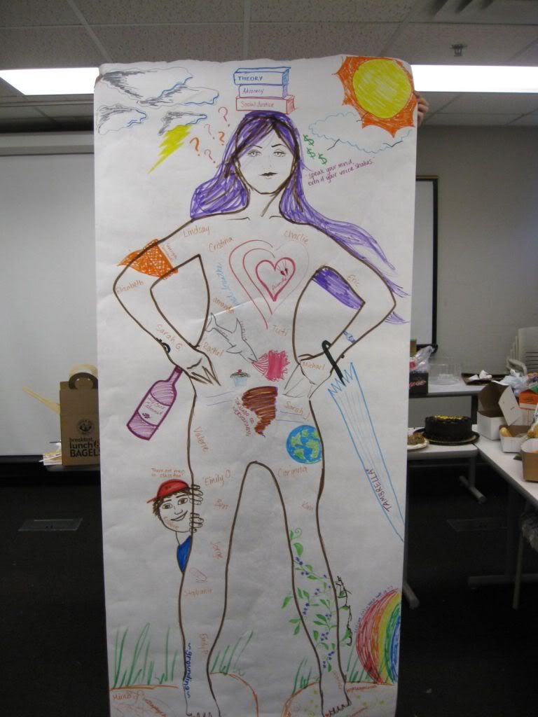 A body outline drawing of Valerie in which each piece symbolizes a part of her journey through the Social Work program