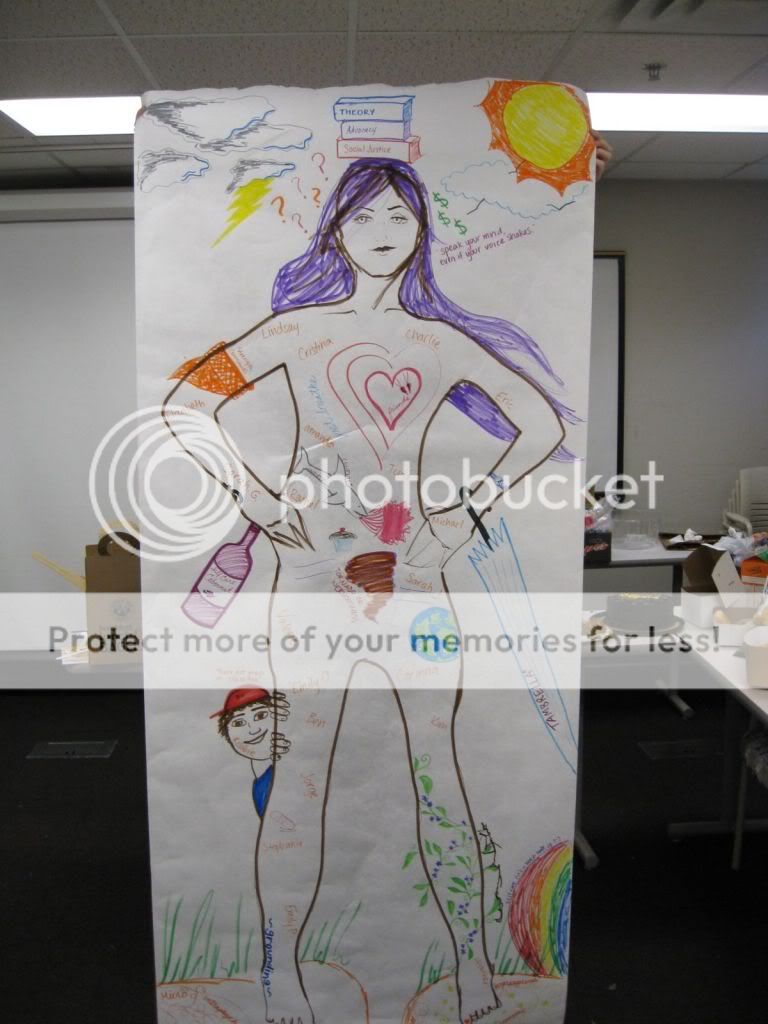 A body outline drawing of Valerie in which each piece symbolizes a part of her journey through the Social Work program